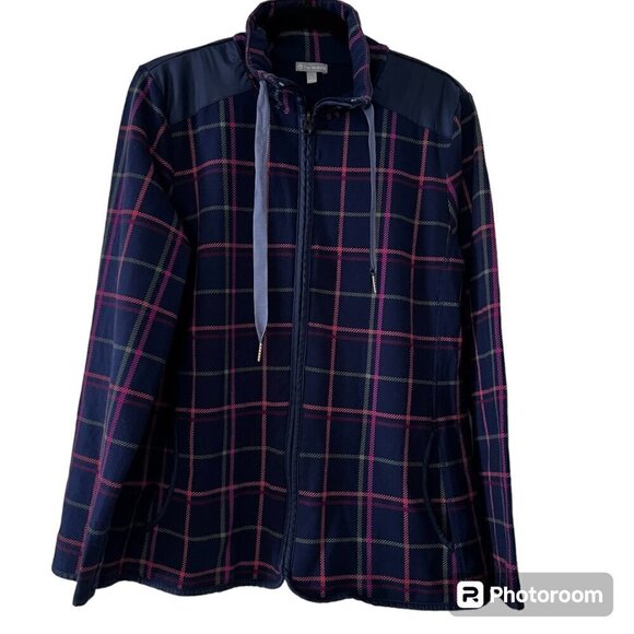 T By Talbots Women's Red Black Plaid Full Zip Elbow Patch Jacket Size L - Picture 1 of 15